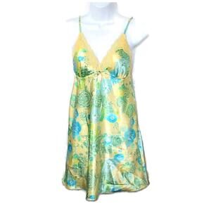 Yellow, Green, & Blue Tribal Floral Print Lace Accent Slip Dress Fairy Y2K Small